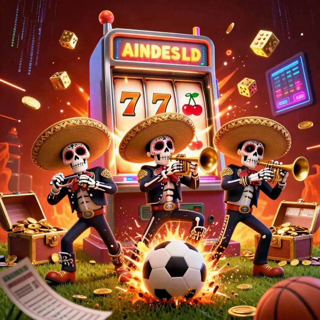 Skeleton mariachi trio, soccer ball blast, slot machine burst, gold and neon casino chaos