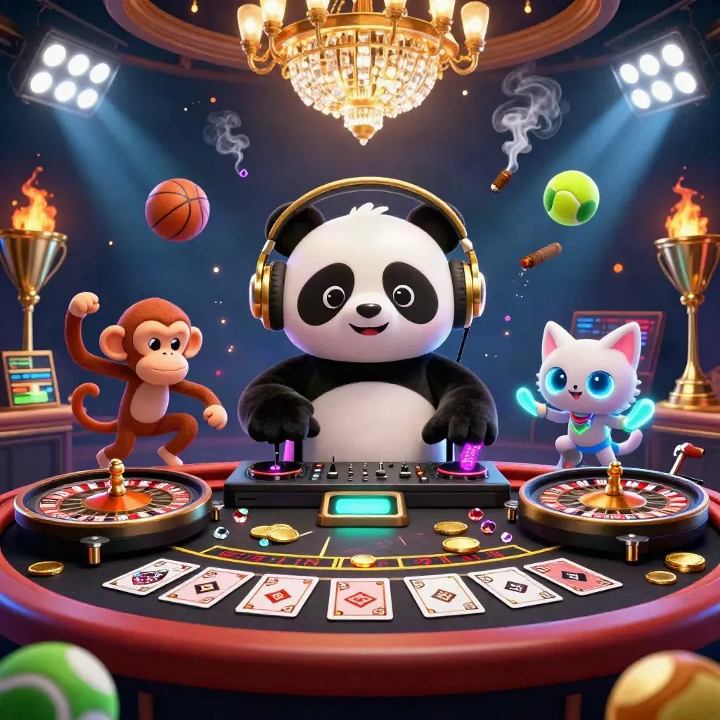 DJ panda, dancing monkey, glow-stick kitten, roulette wheel, balls, trophies, and neon casino lights