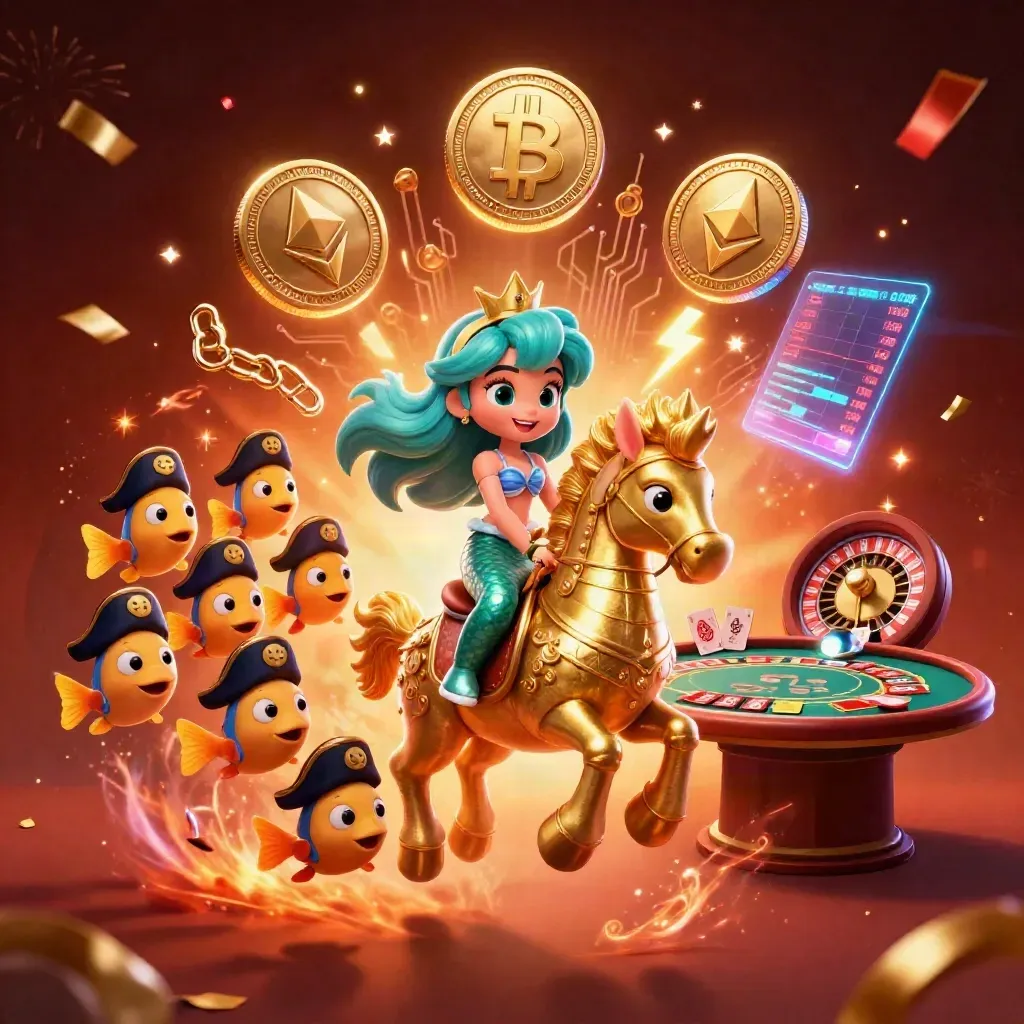 Mermaid princess on a golden seahorse amid casino neon, coins, sparks, and festive confetti.