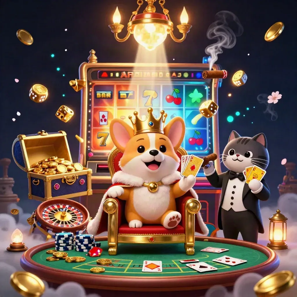 Royal corgi and cat butler amid casino loot, slot rays, roulette spin, and jewel-toned smoke.