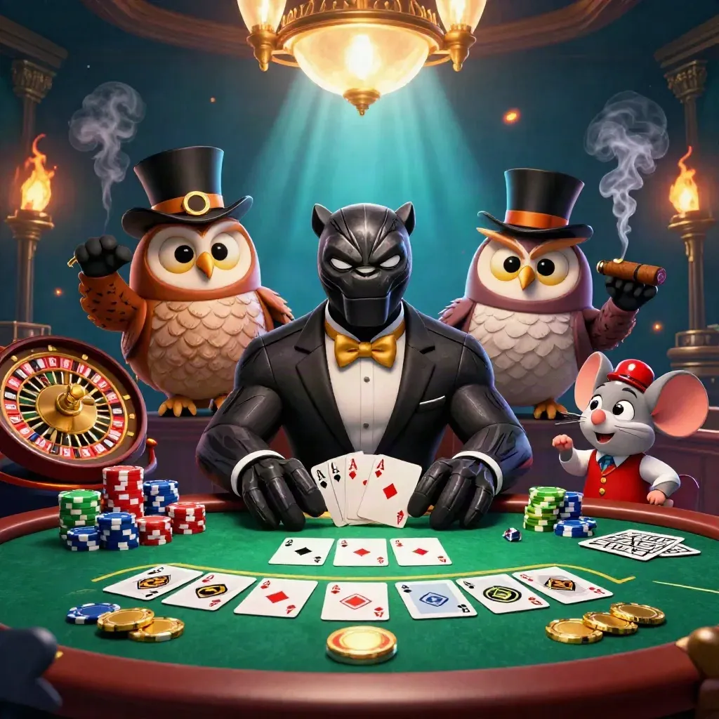 Panther, owl and mouse at a glowing casino table with chips, cards, coins and teal-gold light.