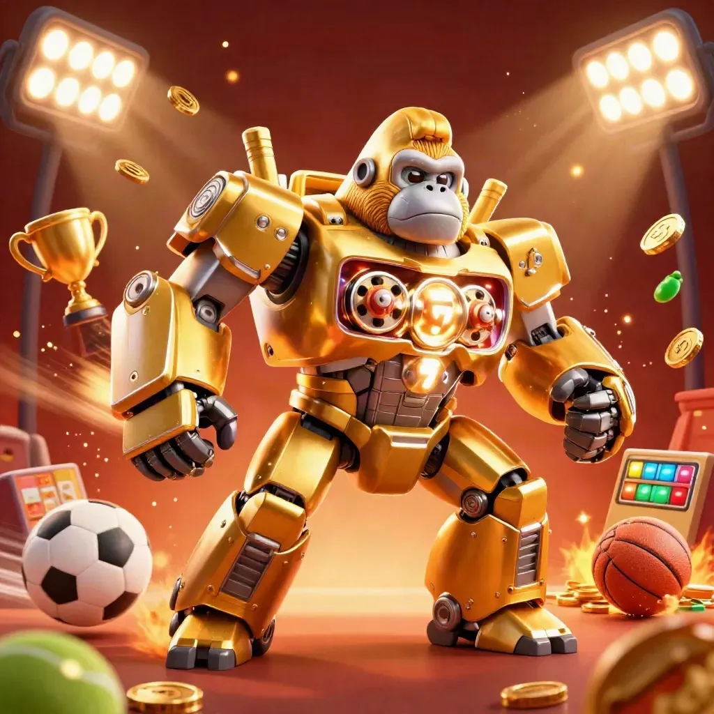 Golden gorilla mech with monkey pilot bursts amid sports balls, trophies and coins in a crimson casino glow.