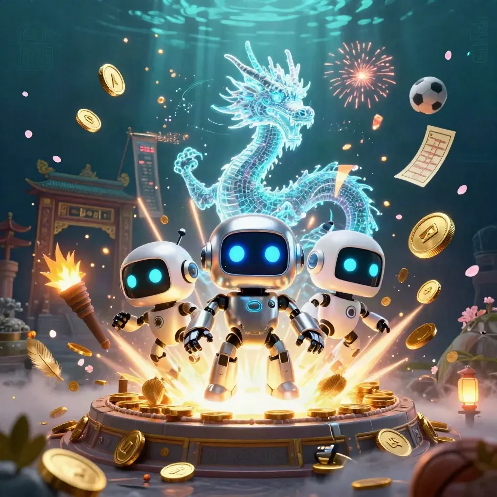 Cyberpunk robot, holo dragon and coin drone amid gold coins, temple gate and sports betting props.