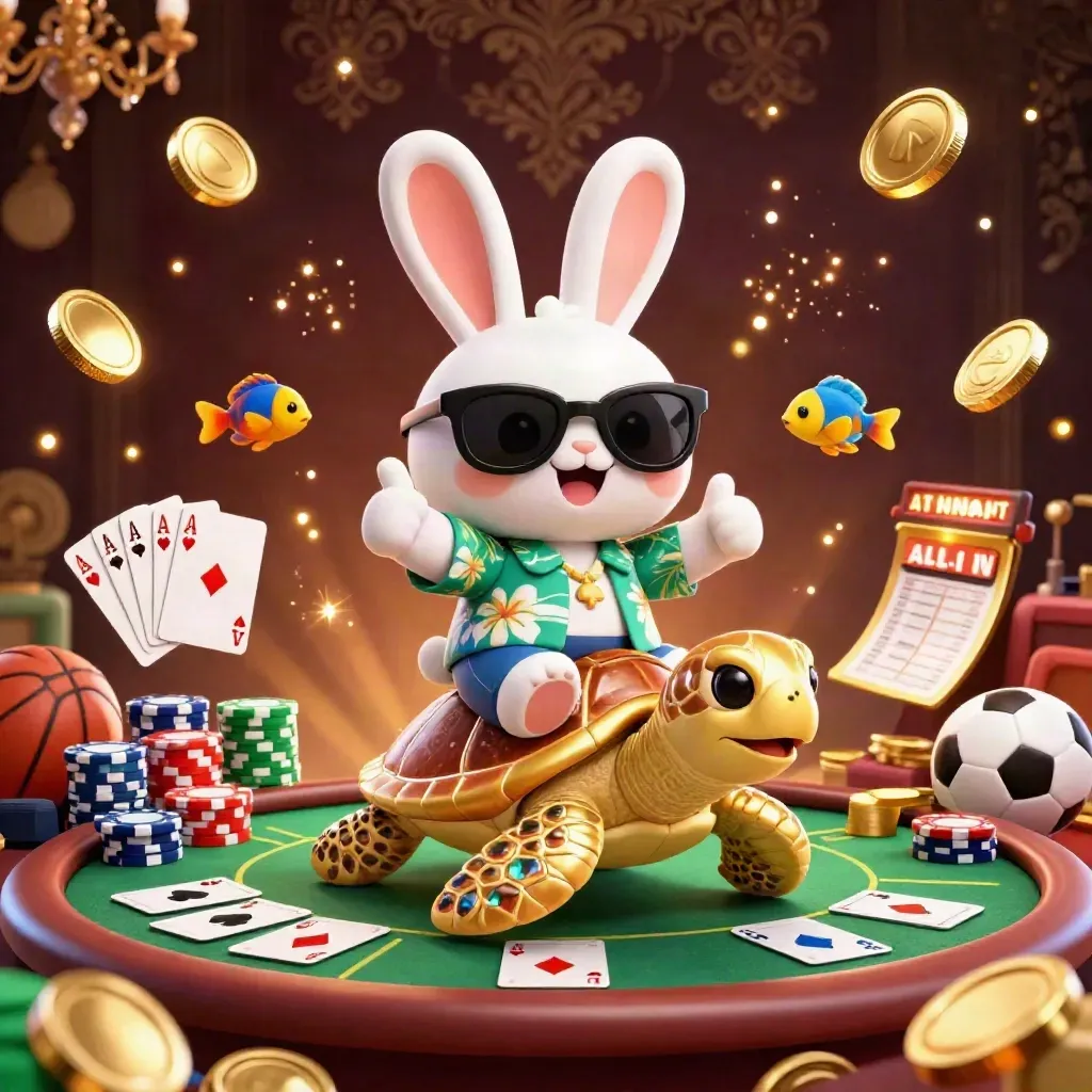 Lucky rabbit rides a golden turtle through casino fireworks, coins, chips, and poker props.