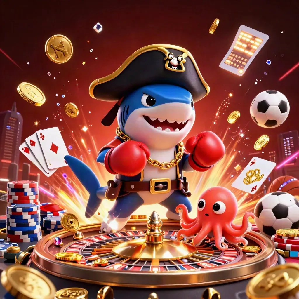 Shark pirate, boxing pufferfish, and coin-juggling octopus amid casino coins, cards, roulette, and fireworks.