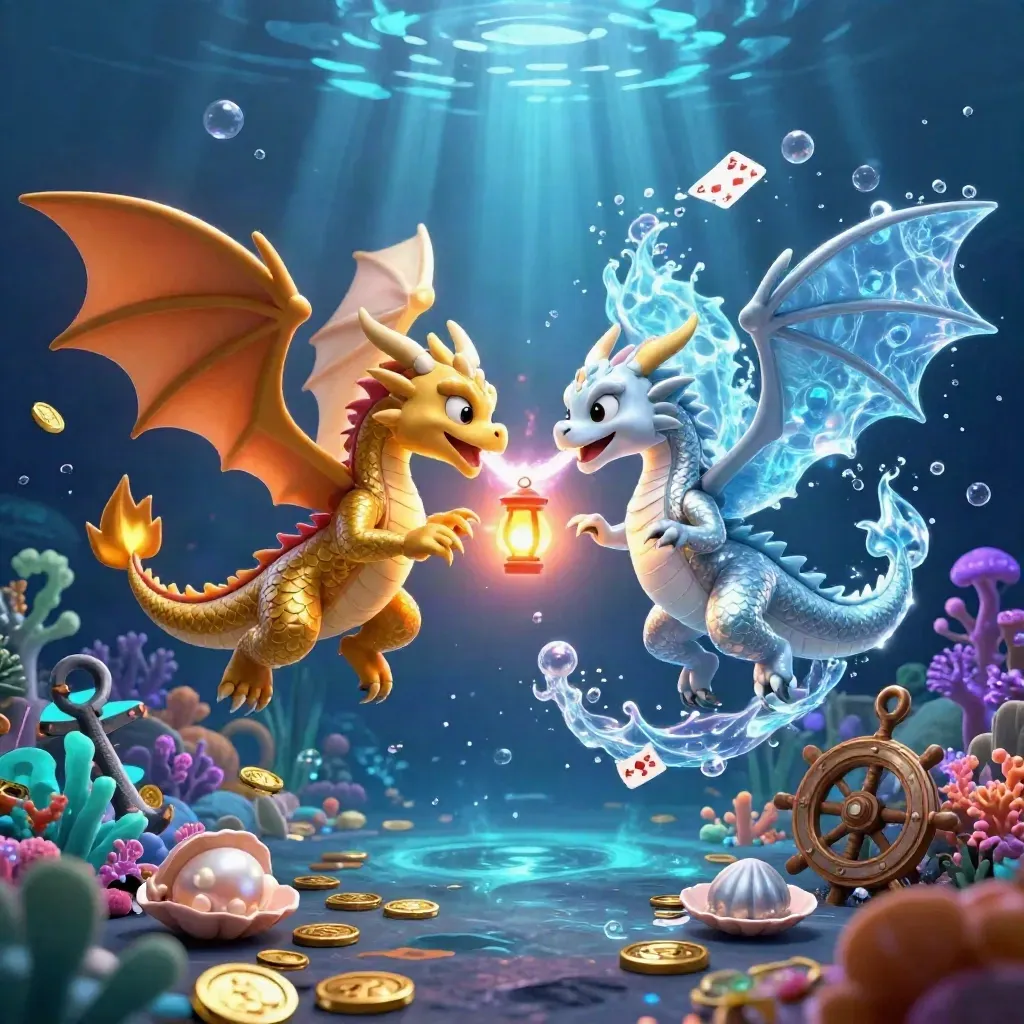 Gold and silver dragons spiral in a glowing underwater treasure cove with bubbles, coral, and a lantern spirit