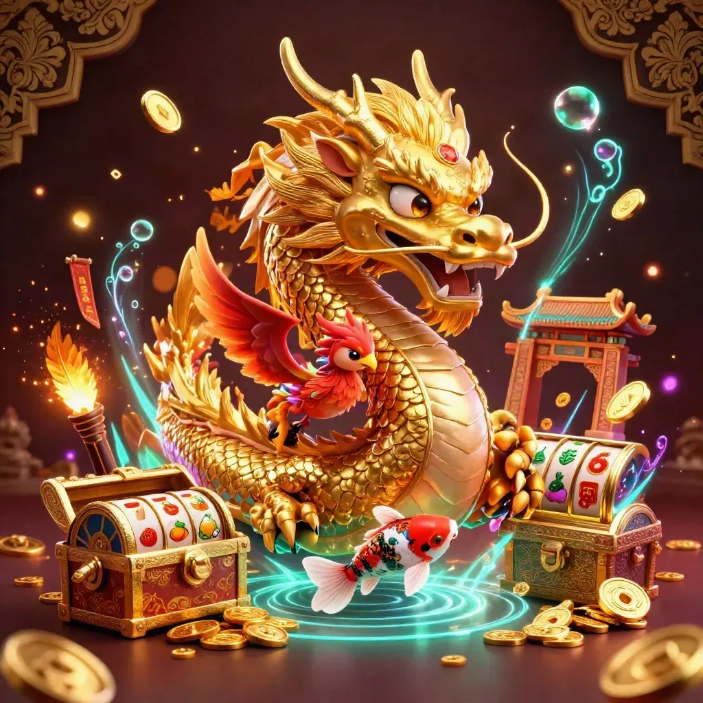 Gold dragon, phoenix, and koi amid casino relics, coins, neon glow, and dark damask