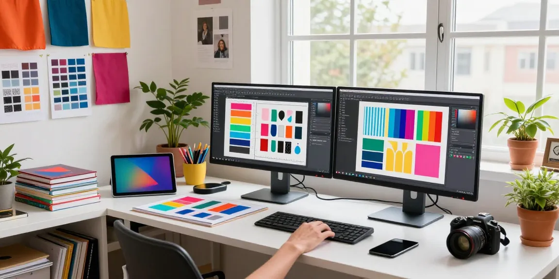 Creative graphic designer using image to image techniques in a vibrant studio.